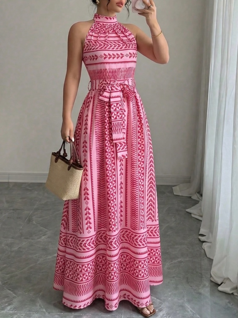 Boho All over print halter neck Belted High Waisted maxi dress